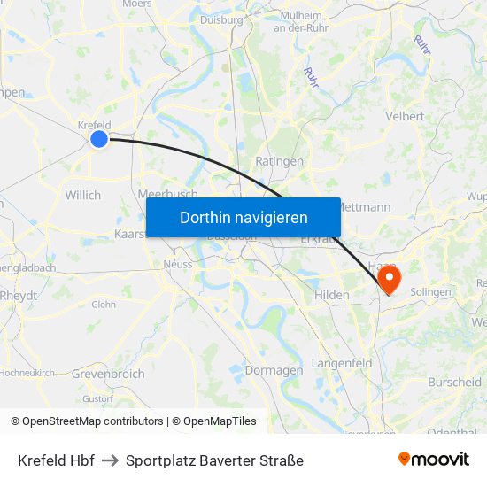 Krefeld Hbf to Sportplatz Baverter Straße map