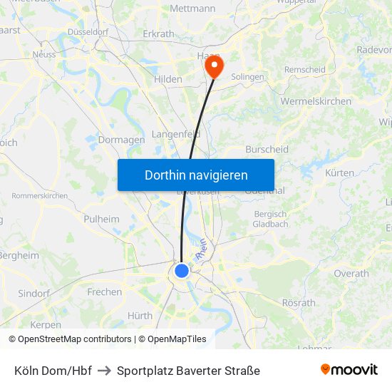 Köln Dom/Hbf to Sportplatz Baverter Straße map