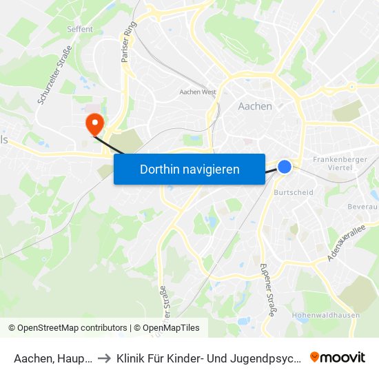 Aachen, Hauptbahnhof to Klinik Für Kinder- Und Jugendpsychiatrie - Erweiterung map