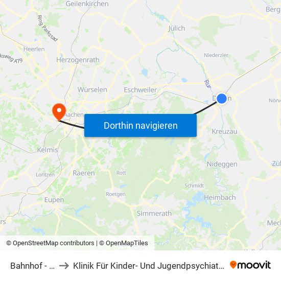 Bahnhof - Düren to Klinik Für Kinder- Und Jugendpsychiatrie - Erweiterung map