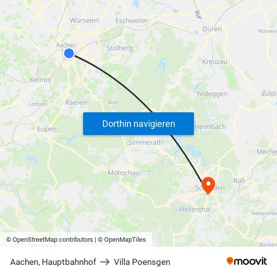 Aachen, Hauptbahnhof to Villa Poensgen map