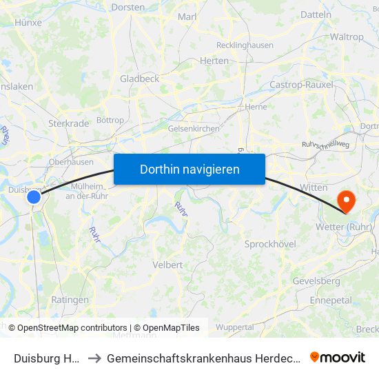 Duisburg Hbf to Gemeinschaftskrankenhaus Herdecke map