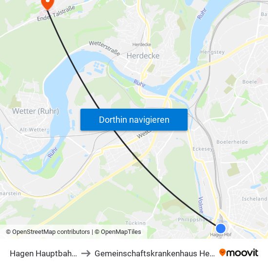 Hagen Hauptbahnhof to Gemeinschaftskrankenhaus Herdecke map