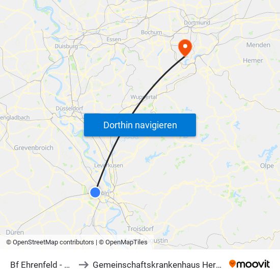 Bf Ehrenfeld - Köln to Gemeinschaftskrankenhaus Herdecke map