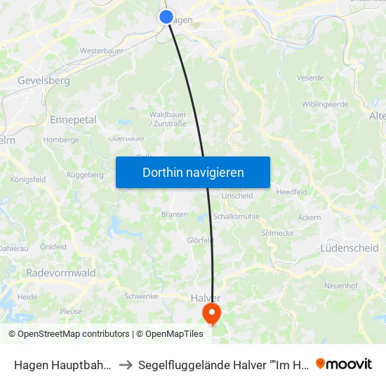 Hagen Hauptbahnhof to Segelfluggelände Halver ""Im Heede"" map