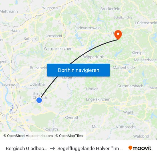 Bergisch Gladbach (S) to Segelfluggelände Halver ""Im Heede"" map
