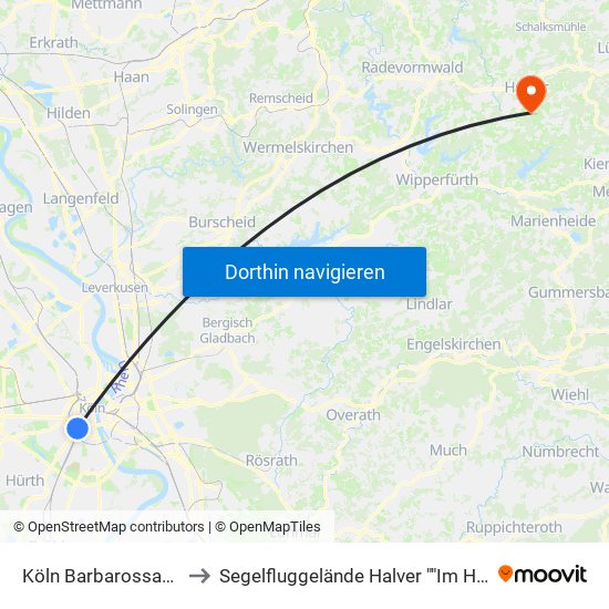 Köln Barbarossaplatz to Segelfluggelände Halver ""Im Heede"" map