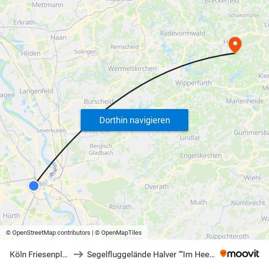 Köln Friesenplatz to Segelfluggelände Halver ""Im Heede"" map