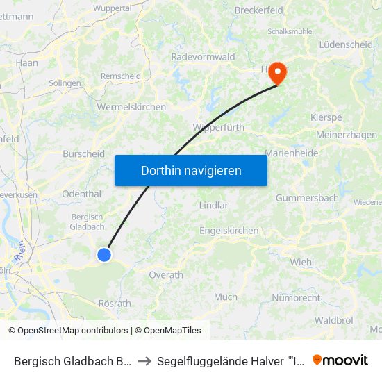 Bergisch Gladbach Bensberg to Segelfluggelände Halver ""Im Heede"" map