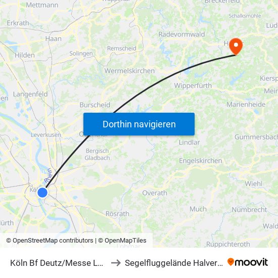 Köln Bf Deutz/Messe Lanxess Arena to Segelfluggelände Halver ""Im Heede"" map