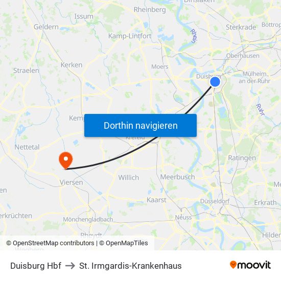 Duisburg Hbf to St. Irmgardis-Krankenhaus map