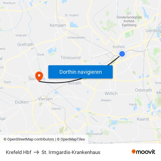 Krefeld Hbf to St. Irmgardis-Krankenhaus map