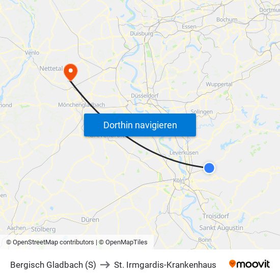 Bergisch Gladbach (S) to St. Irmgardis-Krankenhaus map