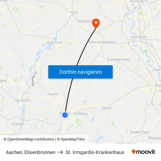 Aachen, Elisenbrunnen to St. Irmgardis-Krankenhaus map