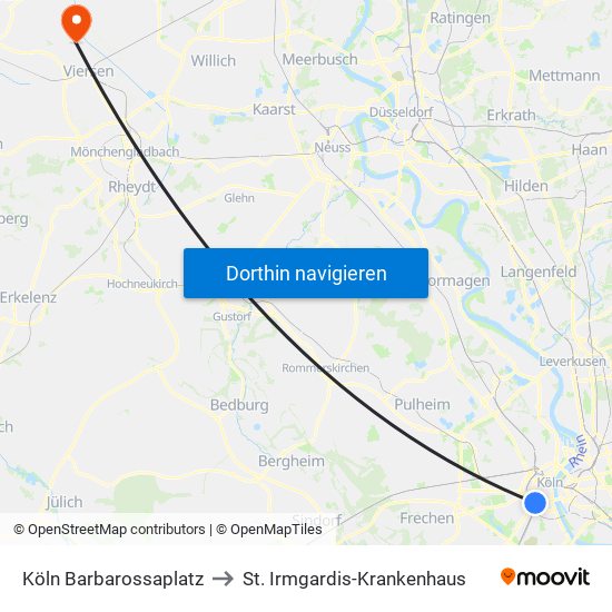 Köln Barbarossaplatz to St. Irmgardis-Krankenhaus map