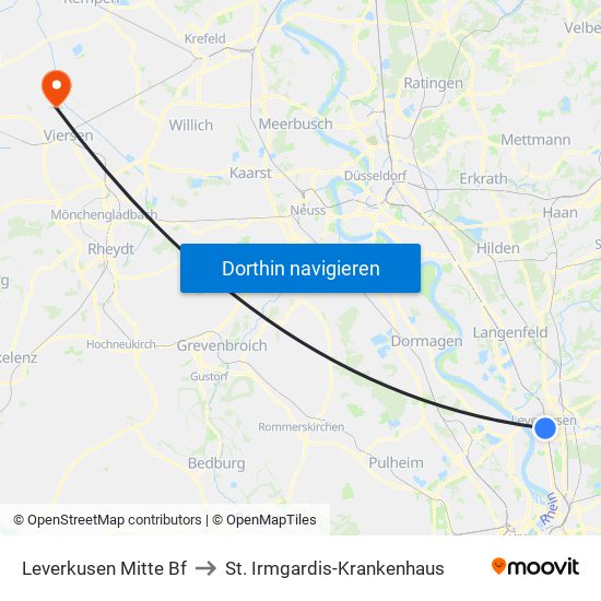 Leverkusen Mitte Bf to St. Irmgardis-Krankenhaus map