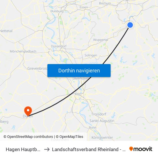 Hagen Hauptbahnhof to Landschaftsverband Rheinland - Klinik Düren map