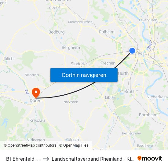 Bf Ehrenfeld - Köln to Landschaftsverband Rheinland - Klinik Düren map