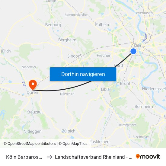 Köln Barbarossaplatz to Landschaftsverband Rheinland - Klinik Düren map