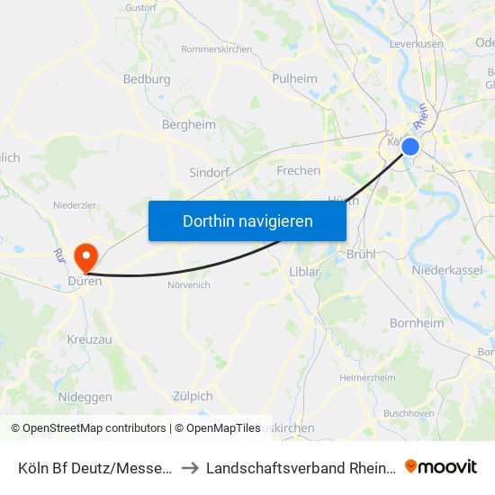 Köln Bf Deutz/Messe Lanxess Arena to Landschaftsverband Rheinland - Klinik Düren map
