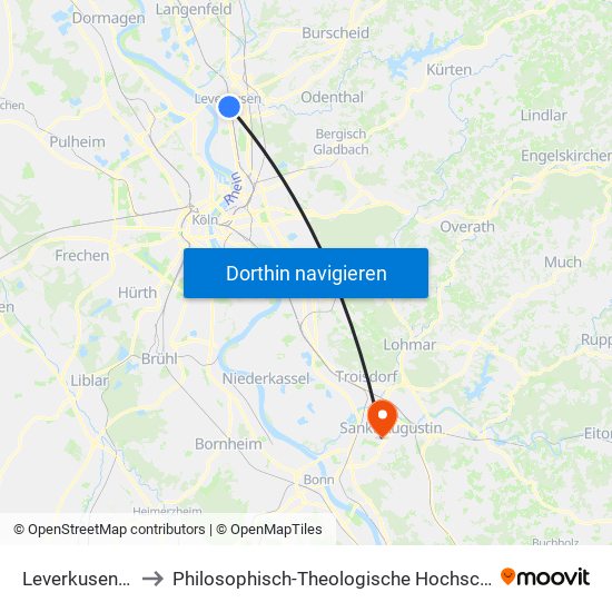 Leverkusen Mitte Bf to Philosophisch-Theologische Hochschule Svd St. Augustin map