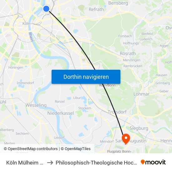 Köln Mülheim Wiener Platz to Philosophisch-Theologische Hochschule Svd St. Augustin map