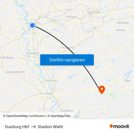 Duisburg Hbf to Stadion Wiehl map