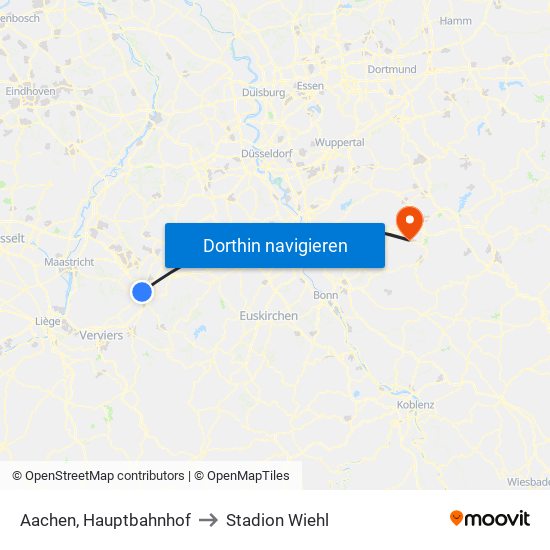 Aachen, Hauptbahnhof to Stadion Wiehl map