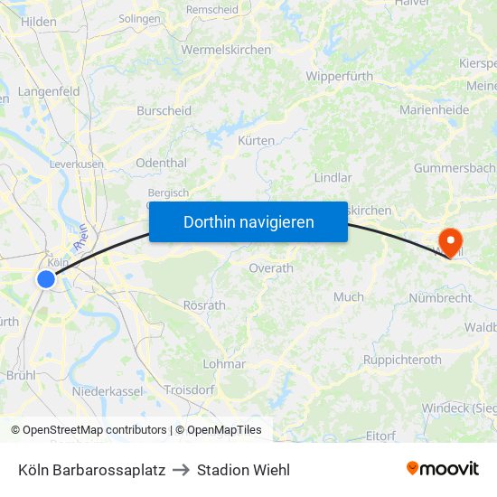 Köln Barbarossaplatz to Stadion Wiehl map