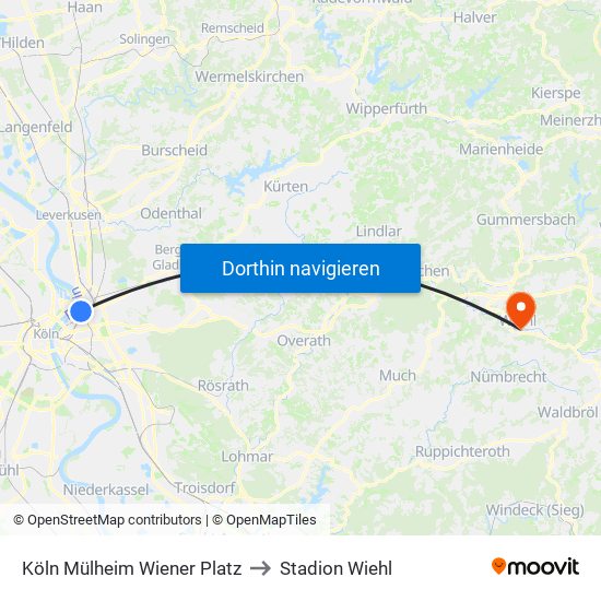 Köln Mülheim Wiener Platz to Stadion Wiehl map