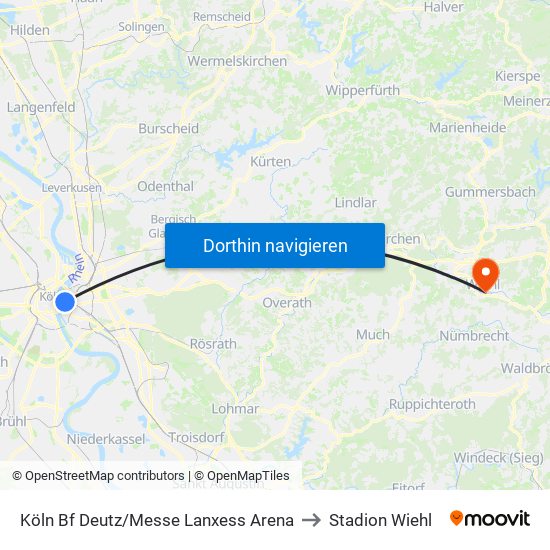 Köln Bf Deutz/Messe Lanxess Arena to Stadion Wiehl map