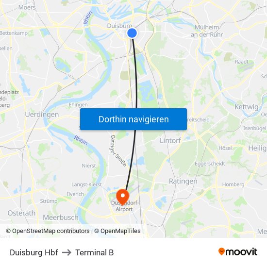 Duisburg Hbf to Terminal B map