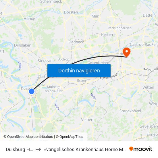 Duisburg Hbf to Evangelisches Krankenhaus Herne Mitte map