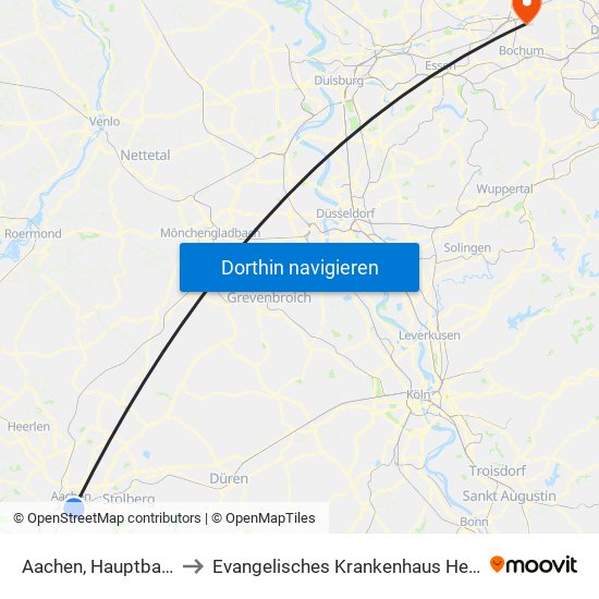 Aachen, Hauptbahnhof to Evangelisches Krankenhaus Herne Mitte map