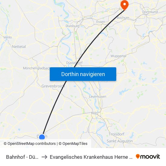 Bahnhof - Düren to Evangelisches Krankenhaus Herne Mitte map