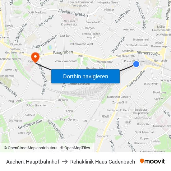 Aachen, Hauptbahnhof to Rehaklinik Haus Cadenbach map