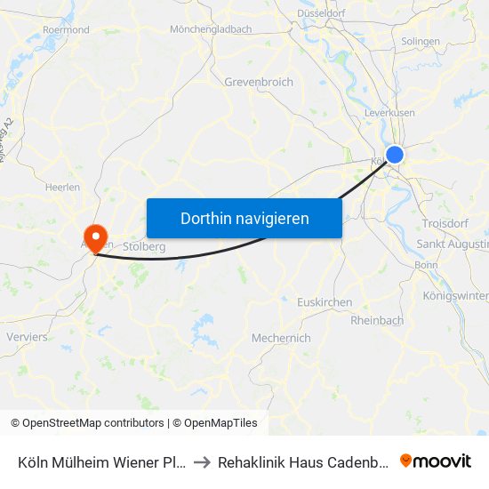 Köln Mülheim Wiener Platz to Rehaklinik Haus Cadenbach map