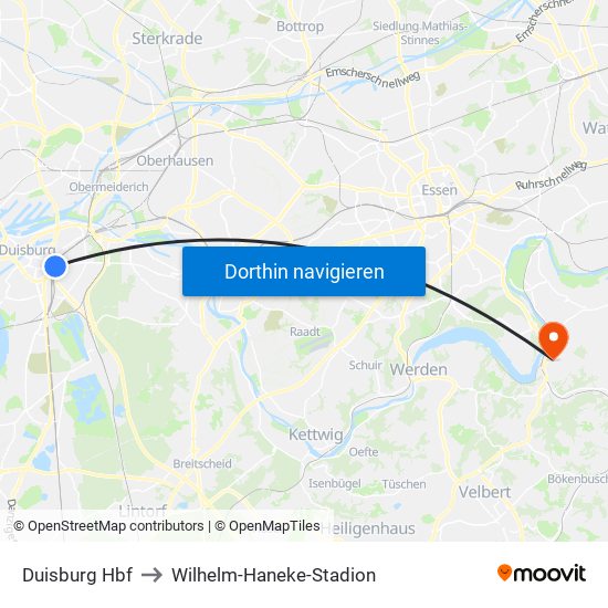 Duisburg Hbf to Wilhelm-Haneke-Stadion map