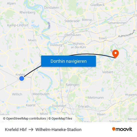 Krefeld Hbf to Wilhelm-Haneke-Stadion map