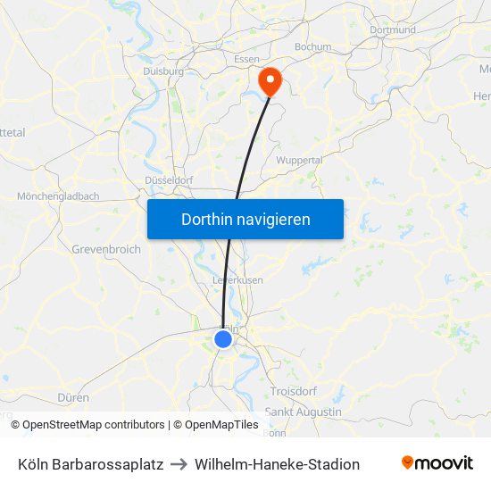 Köln Barbarossaplatz to Wilhelm-Haneke-Stadion map