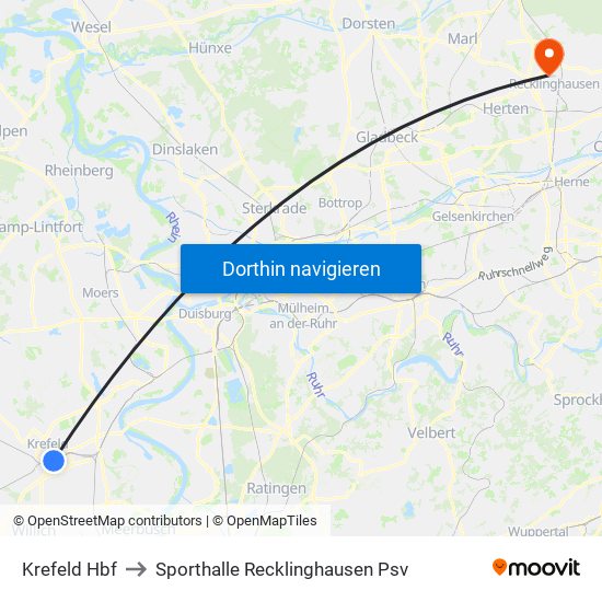 Krefeld Hbf to Sporthalle Recklinghausen Psv map