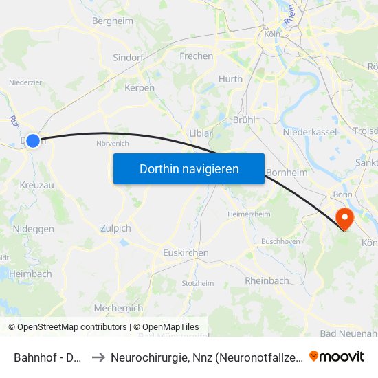 Bahnhof - Düren to Neurochirurgie, Nnz (Neuronotfallzentrum) map