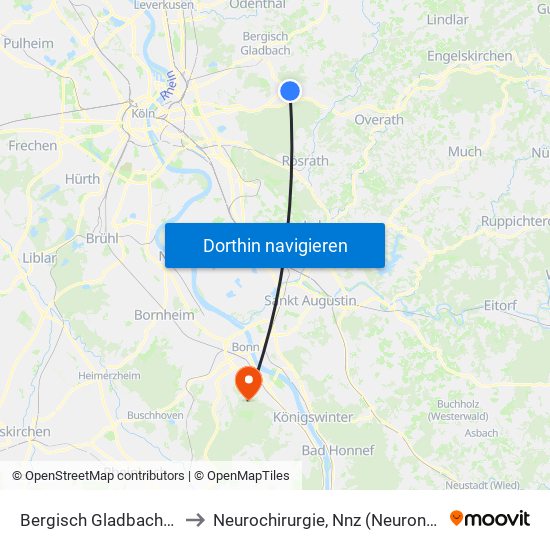 Bergisch Gladbach Bensberg to Neurochirurgie, Nnz (Neuronotfallzentrum) map