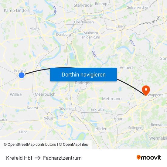 Krefeld Hbf to Facharztzentrum map