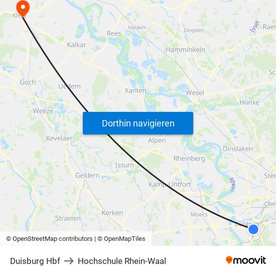 Duisburg Hbf to Hochschule Rhein-Waal map