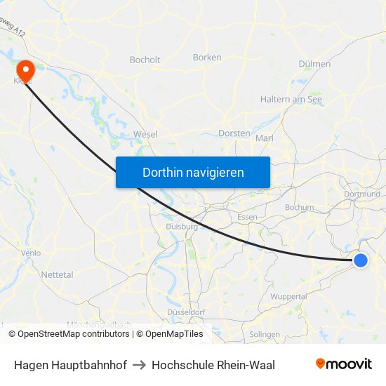 Hagen Hauptbahnhof to Hochschule Rhein-Waal map