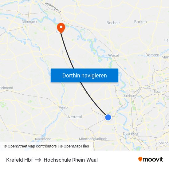 Krefeld Hbf to Hochschule Rhein-Waal map