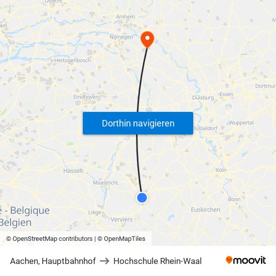 Aachen, Hauptbahnhof to Hochschule Rhein-Waal map