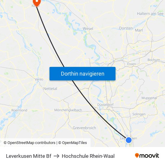 Leverkusen Mitte Bf to Hochschule Rhein-Waal map