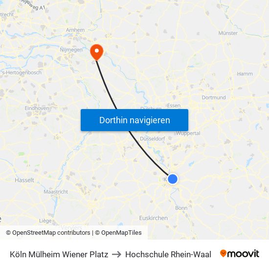 Köln Mülheim Wiener Platz to Hochschule Rhein-Waal map